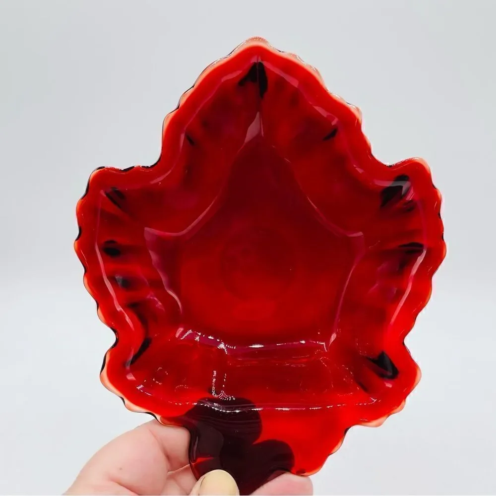 Vintage Anchor Hocking Ruby Red Glass Maple Leaf Small Dish